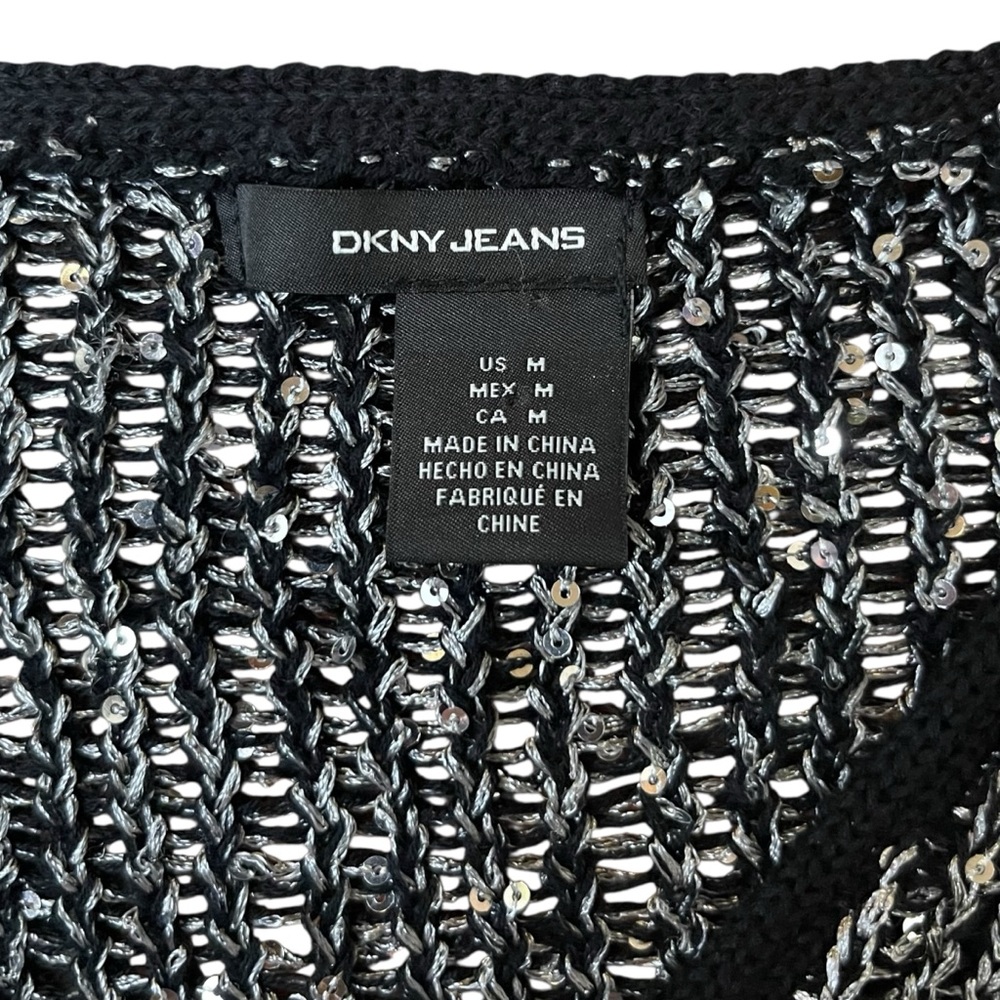 DKNY Jeans Black Grey Sequin Knit Sweater V-Neck Loose Metallic Sparkle Top M - Picture 8 of 9